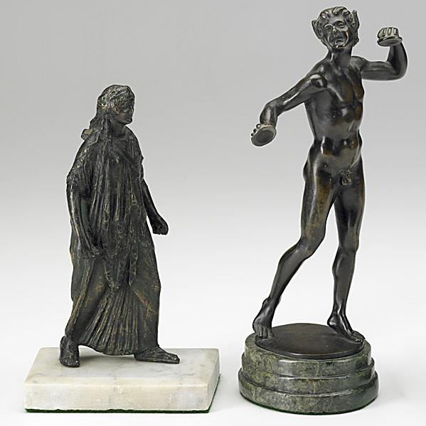 Appraisal: TWO BRONZE FIGURESSatyr with cymbals on marble base and woman