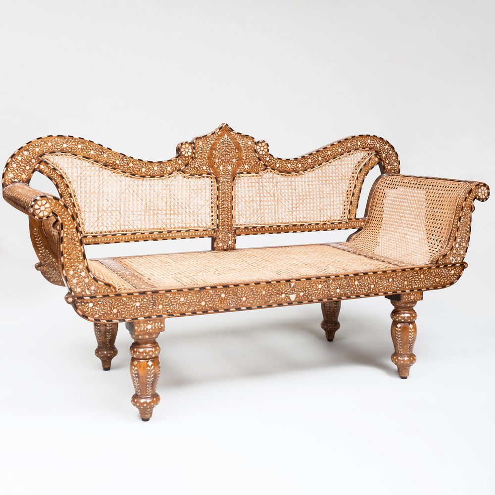 Appraisal: Anglo-Indian Bone Inlaid Teak and Caned Settee x ft in