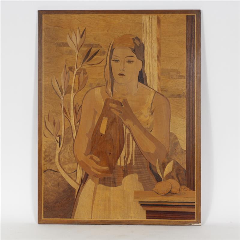 Appraisal: Marquetry plaque panel with inlaid portrait of a woman with