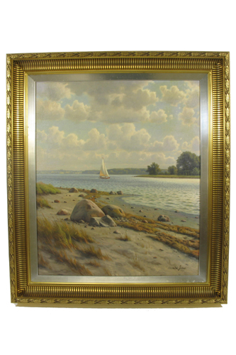 Appraisal: SVEND DREWS oil on canvas Sailboat on bay with rock