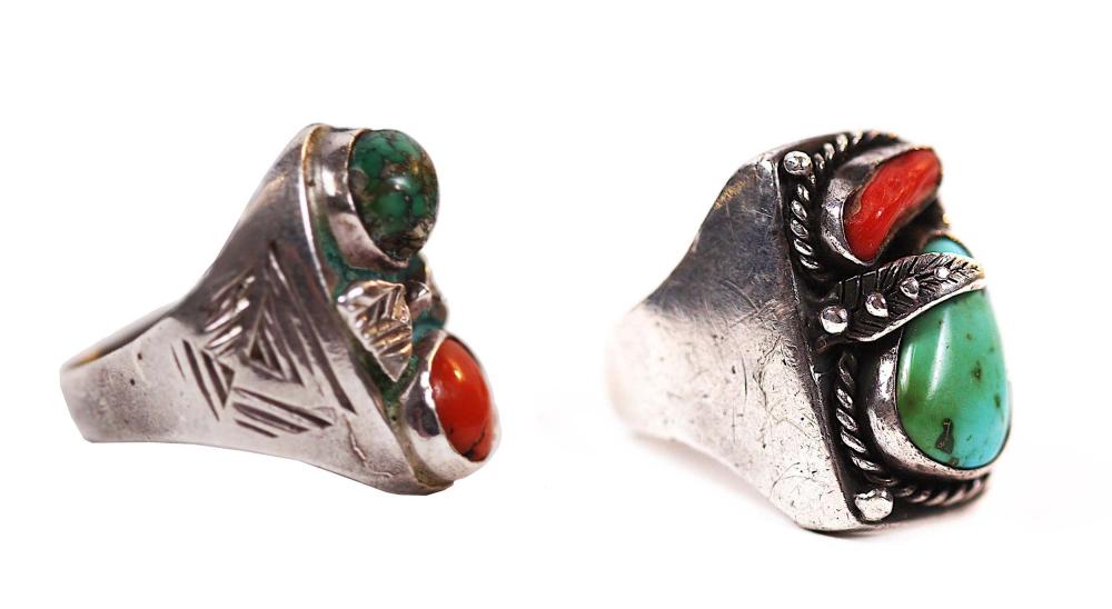 Appraisal: NAVAJO TURQUOISE AND CORAL SILVER GENTLEMAN S RINGUnmarked Set with