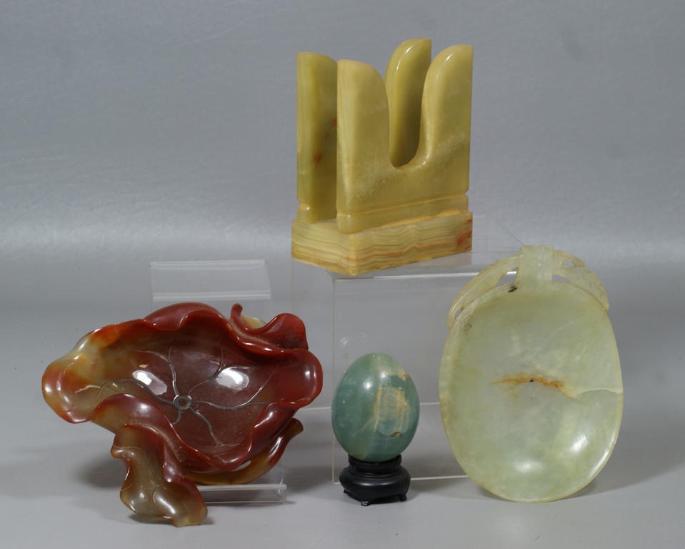 Appraisal: pc jade hardstone lot incl shallow leaf form ashtray hairline