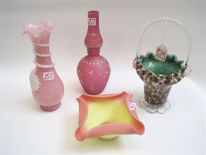 Appraisal: THREE ART GLASS VASES AND A BOWL pieces basket vase