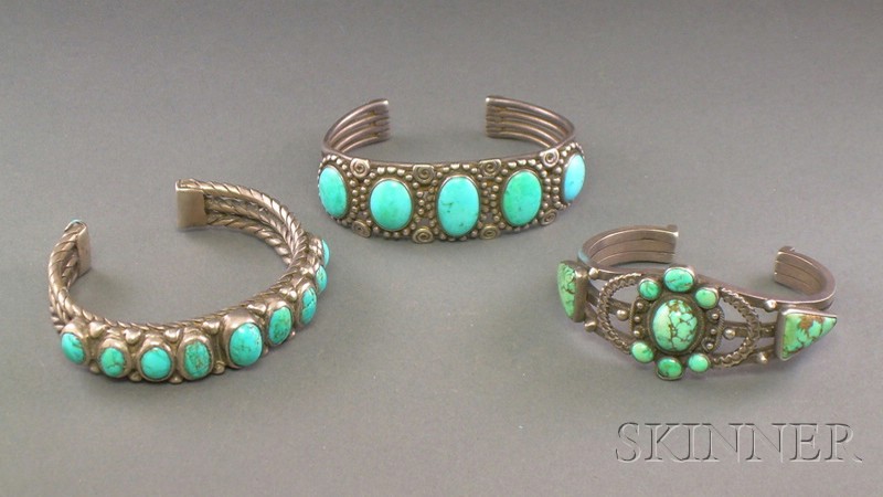 Appraisal: Three Southwest Silver and Turquoise Bracelets Navajo first half th