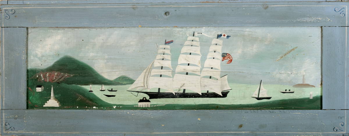 Appraisal: FOLK ART PAINTED PANEL WITH CLIPPER SHIP SAILING INTO A