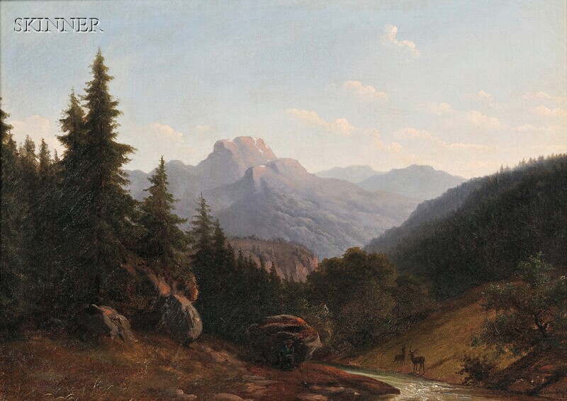 Appraisal: Walther W nnenberg German -c Mountain Landscape with Hunter Stalking