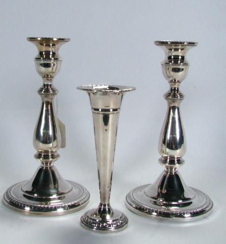 Appraisal: Pair of sterling weighted candlesticks '' tall initials ''MB'' etched