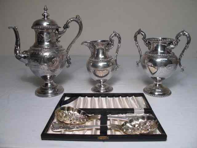 Appraisal: Silverplate three piece coffee set and decorative Sheffield spoon spork