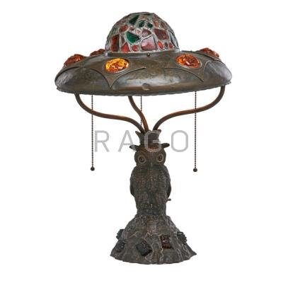 Appraisal: AUSTRIAN JEWELED BRONZE DESK LAMP Owl form base hammered copper