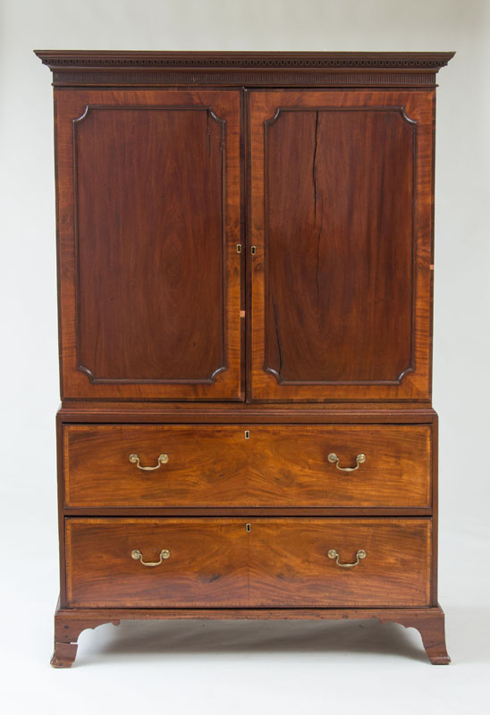 Appraisal: GEORGE III INLAID MAHOGANY LINEN PRESS With an overhanging dentil