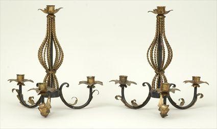 Appraisal: Pair of Patinated Metal and Brass Four-Light Candelabra in in