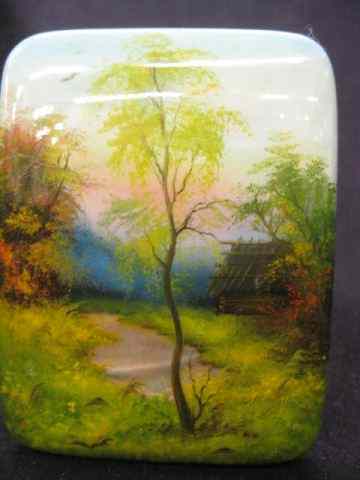 Appraisal: Russian Lacquerware Handpainted Box spring landscape with mother-of-pearl ''Stream'' signed