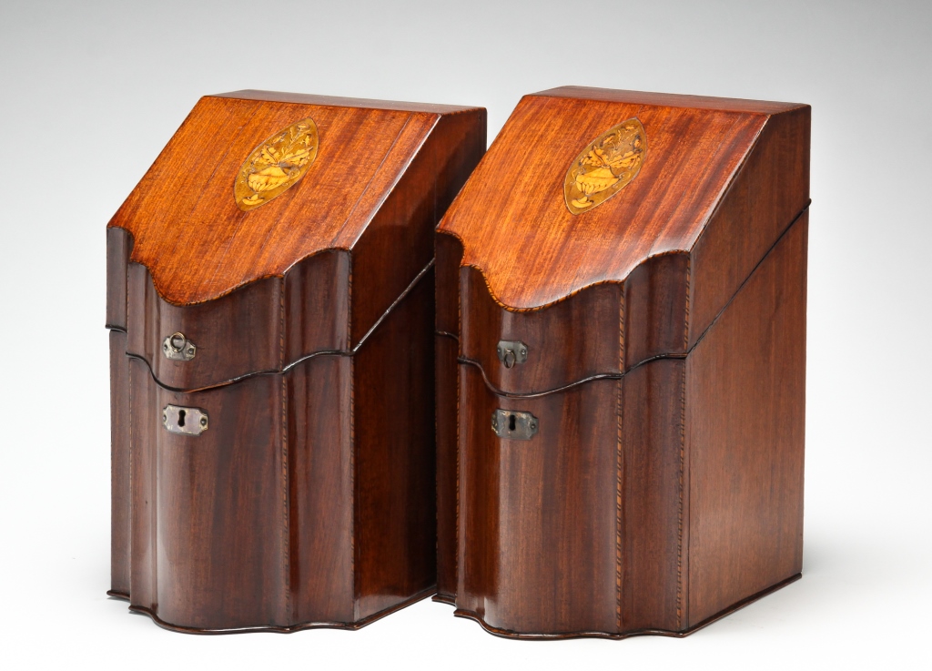 Appraisal: PAIR OF ENGLISH INLAID KNIFE BOXES Ca mahogany Slanted lids