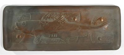 Appraisal: A Newlyn copper pen tray rectangular form hammered in relief