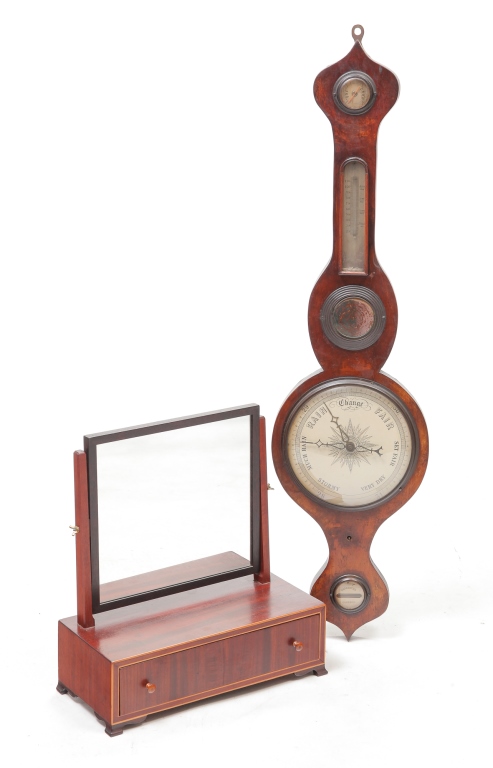 Appraisal: SHAVING MIRROR AND BAROMETER Nineteenth century Mahogany mirror with line