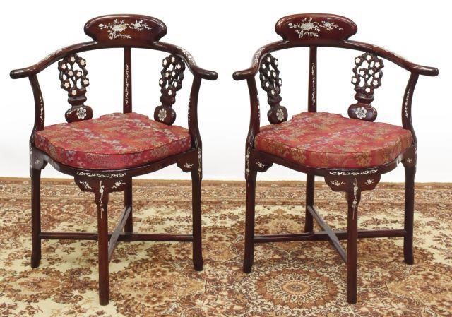 Appraisal: pair Chinese rosewood corner armchairs open carved back splats mother