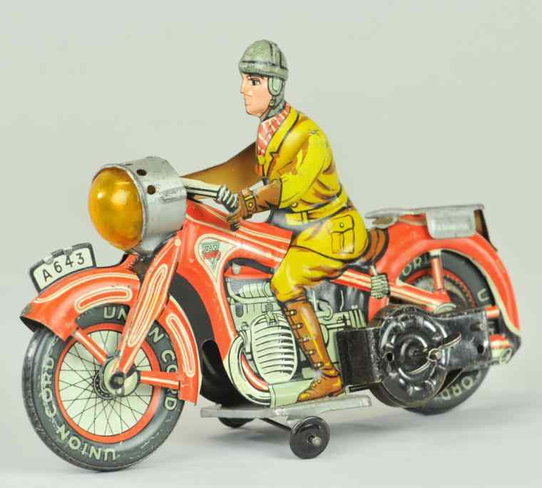 Appraisal: MAN RIDING MOTORCYCLE Arnold Germany lithographed tin done in red