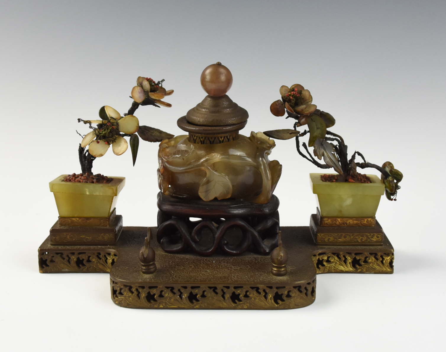 Appraisal: A SET OF CHINESE AGATE INKWELL AND JADE FLOWER POT