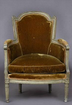 Appraisal: LOUIS XVI CARVED AND GREY PAINTED BERG RE The chapeau