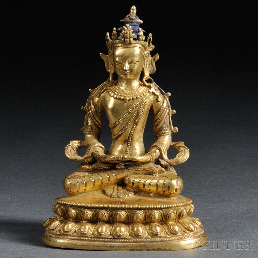 Appraisal: Gilt-bronze Figure of Amitayus Sino-Tibet the blue-haired Buddha cast seated