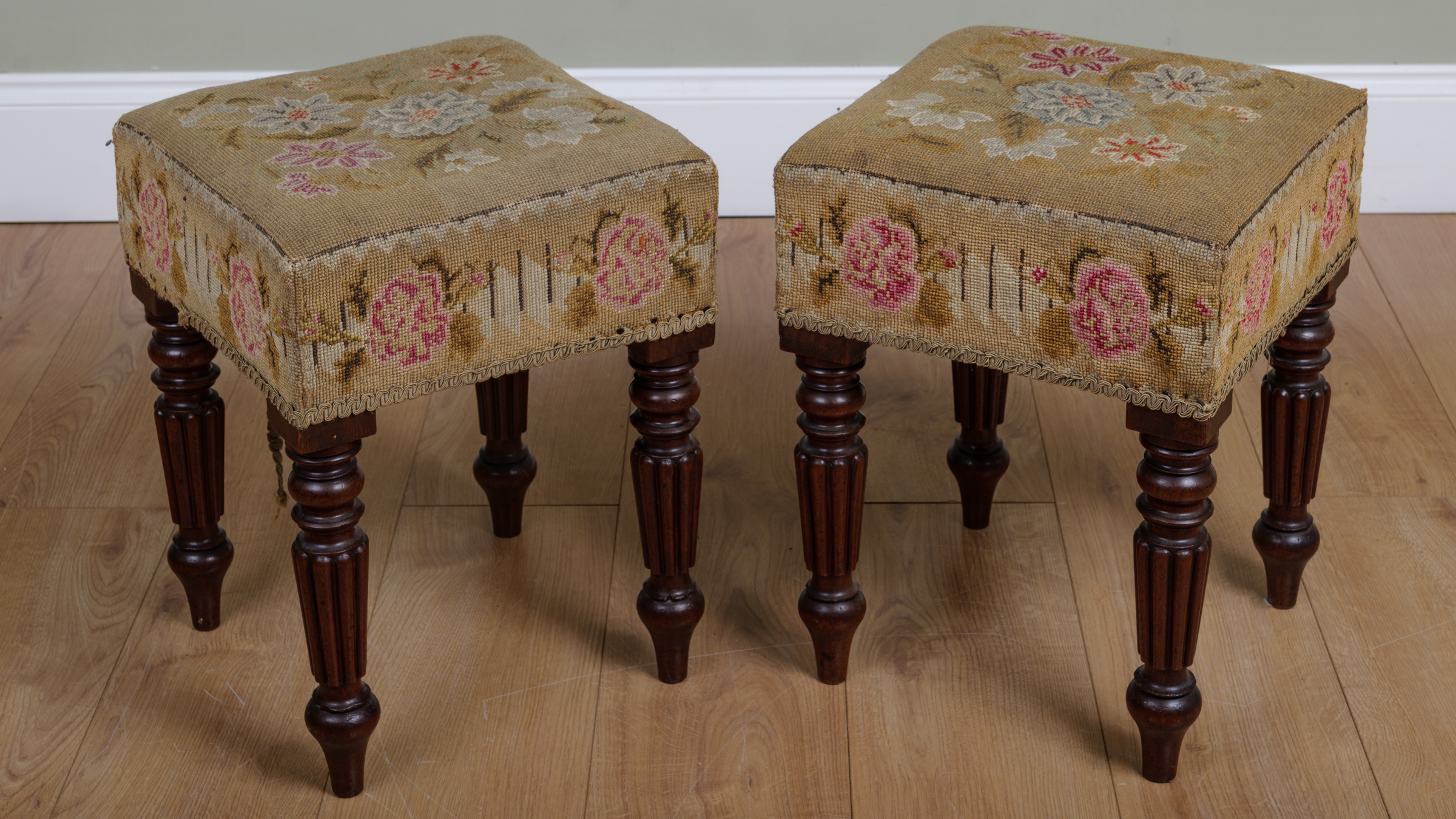 Appraisal: A pair of early th century square stools with needlework