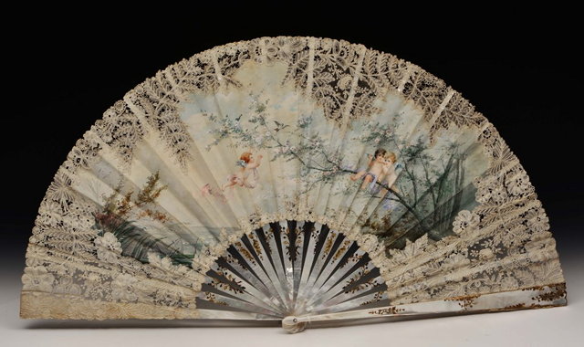 Appraisal: A FRENCH MOTHER OF PEARL LARGE PAINTED FAN with lace