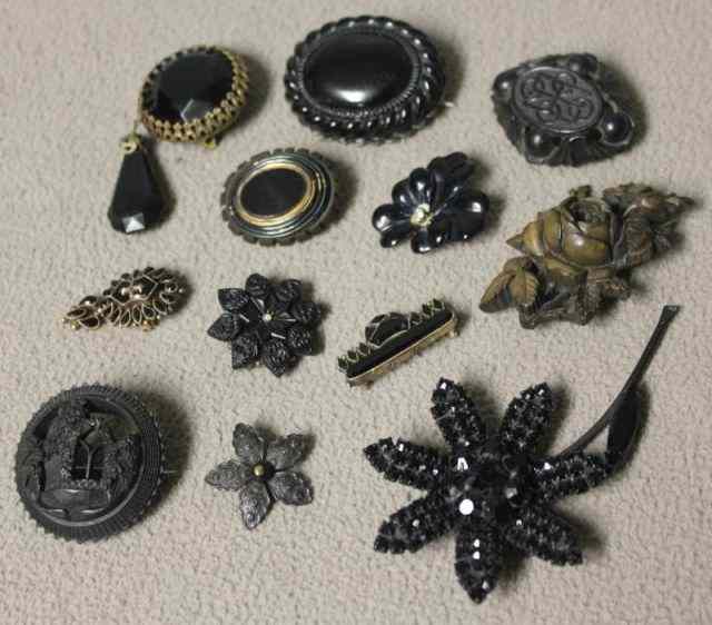 Appraisal: Mourning Jewelry Lot Including Brooches Includes vulcanite Victorian and possibly