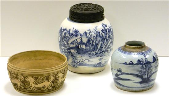 Appraisal: Chinese tobacco jar blue and white missing lid '' h