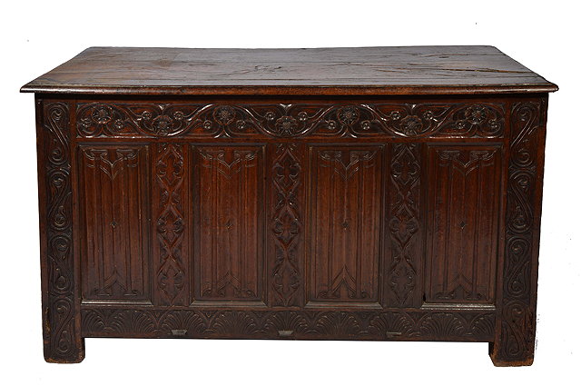 Appraisal: A LARGE TH CENTURY AND LATER OAK COFFER the four