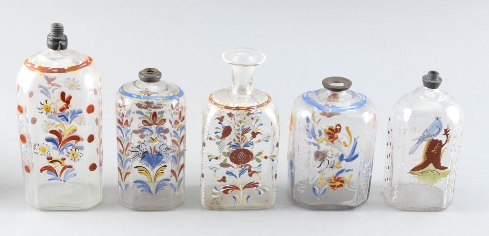 Appraisal: FIVE STIEGEL-TYPE HAND-BLOWN GLASS BOTTLES TH TH CENTURY HEIGHTS TO