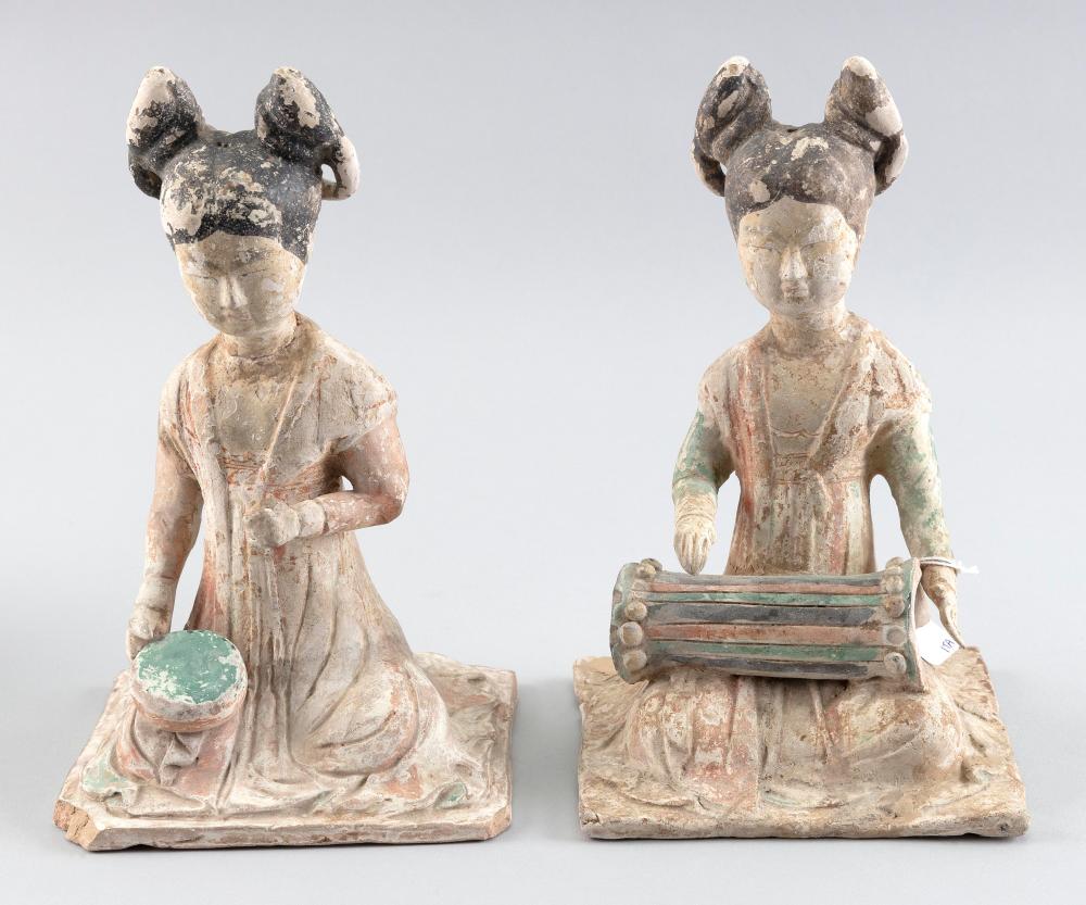 Appraisal: PAIR OF CHINESE POTTERY SEATED MUSICIANS TANG DYNASTY HEIGHTS PAIR