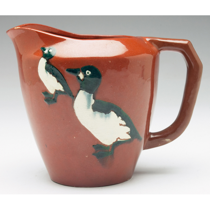 Appraisal: Jervis handled vessel brown with three raised and painted ducks