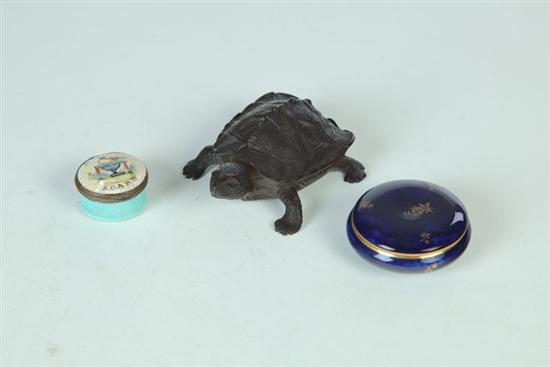 Appraisal: THREE SMALL BOXES Round Sevres box cobalt with gilt sprigs