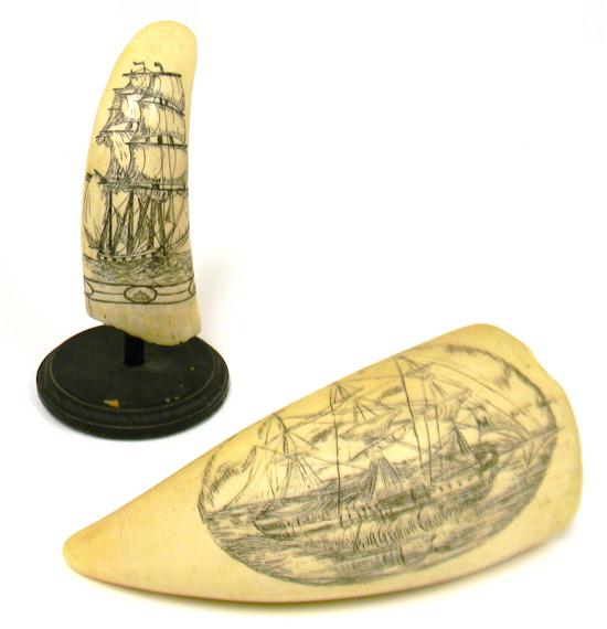 Appraisal: Two th C scrimshaw sperm whale teeth larger depicting three-masted