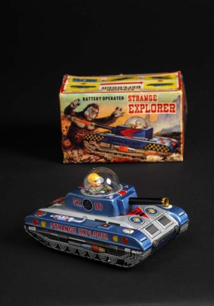 Appraisal: Tin Strange Explorer Tank Battery-Operated Toy Description Japanese Working When