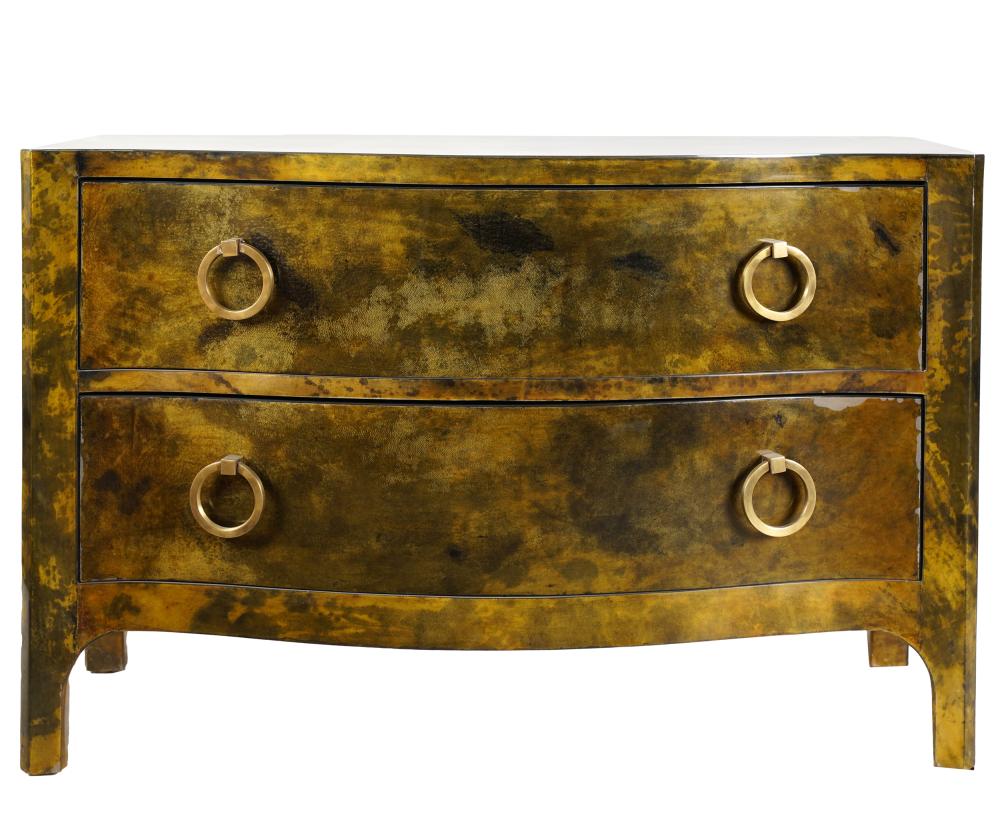 Appraisal: LACQUERED GOATSKIN TRAPU CHESTcontemporary of serpentine outline with two drawers