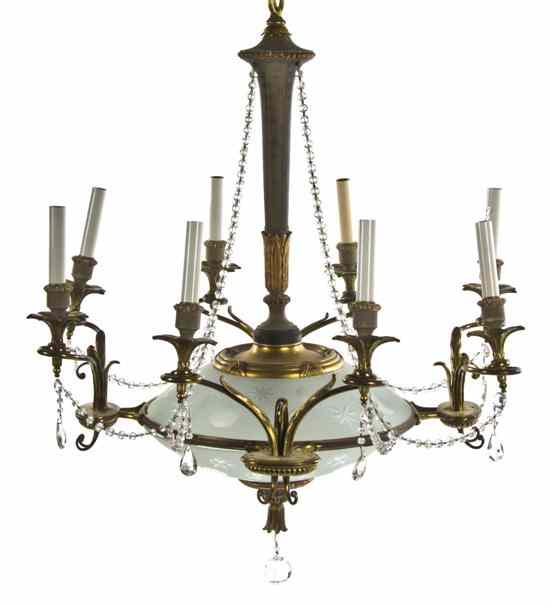 Appraisal: A Gilt Bronze Eight-Light Chandelier having a painted standard over