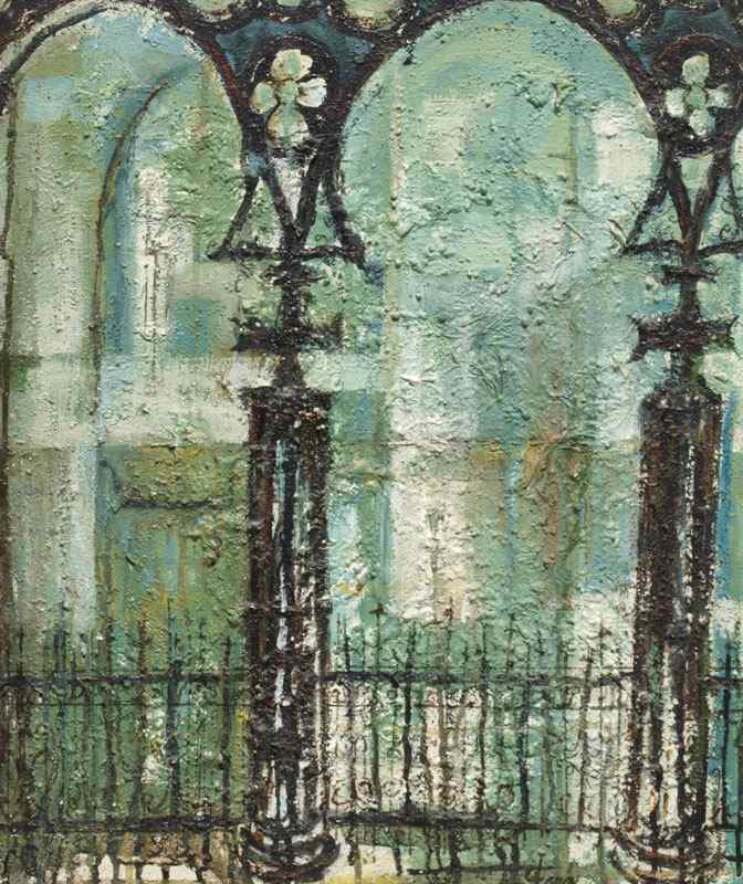 Appraisal: FARR Charles American - Cityscape Through Iron Arches Oil Masonite