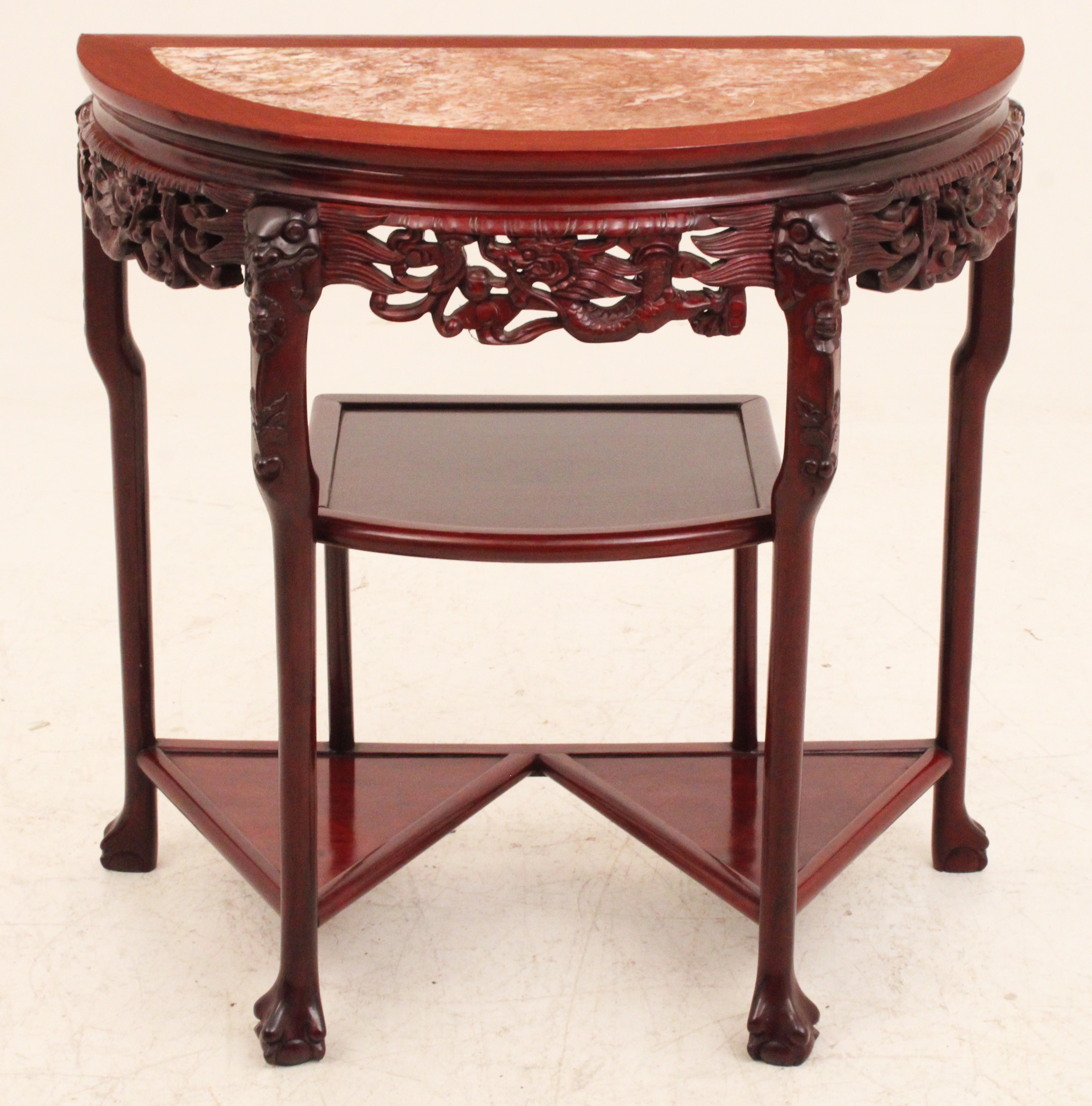 Appraisal: ORIENTAL CARVED HARDWOOD CONSOLE W MARBLE TOP Oriental carved hardwood