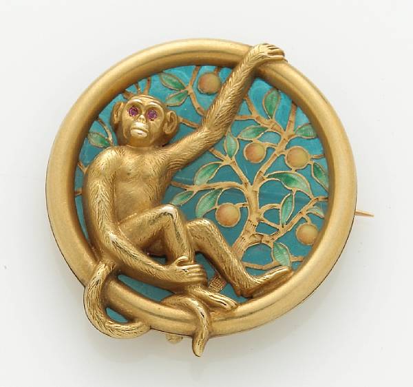 Appraisal: A plique- -jour enamel brooch-pendant in a monkey motif in