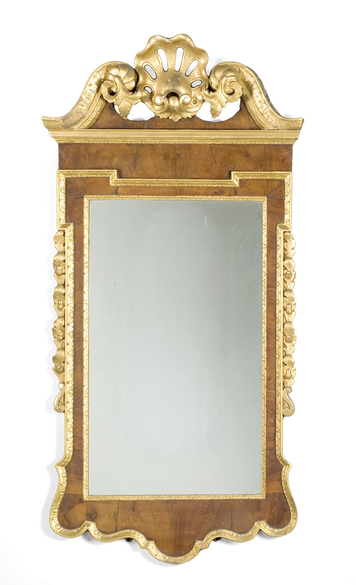 Appraisal: GEORGE III WALNUT AND PARCEL-GILT LOOKING GLASS Th e rectangular