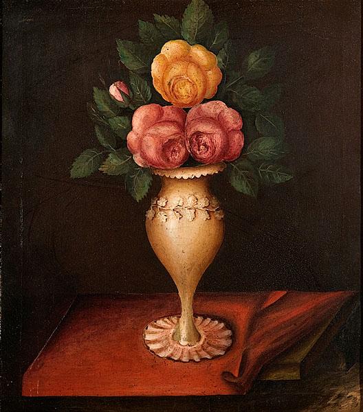 Appraisal: TH-CENTURY FOLKY STILL LIFE OF ROSES unsigned oil on canvas