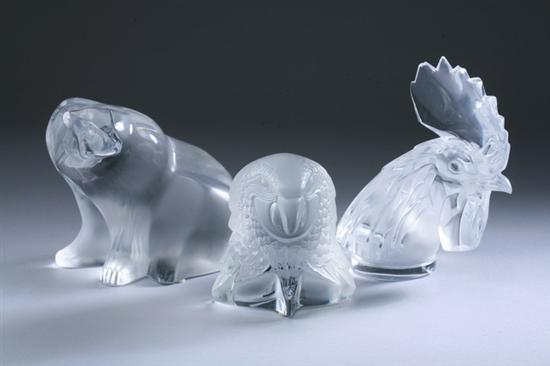 Appraisal: THREE LALIQUE CLEAR AND FROSTED GLASS FIGURES Polar bear rooster