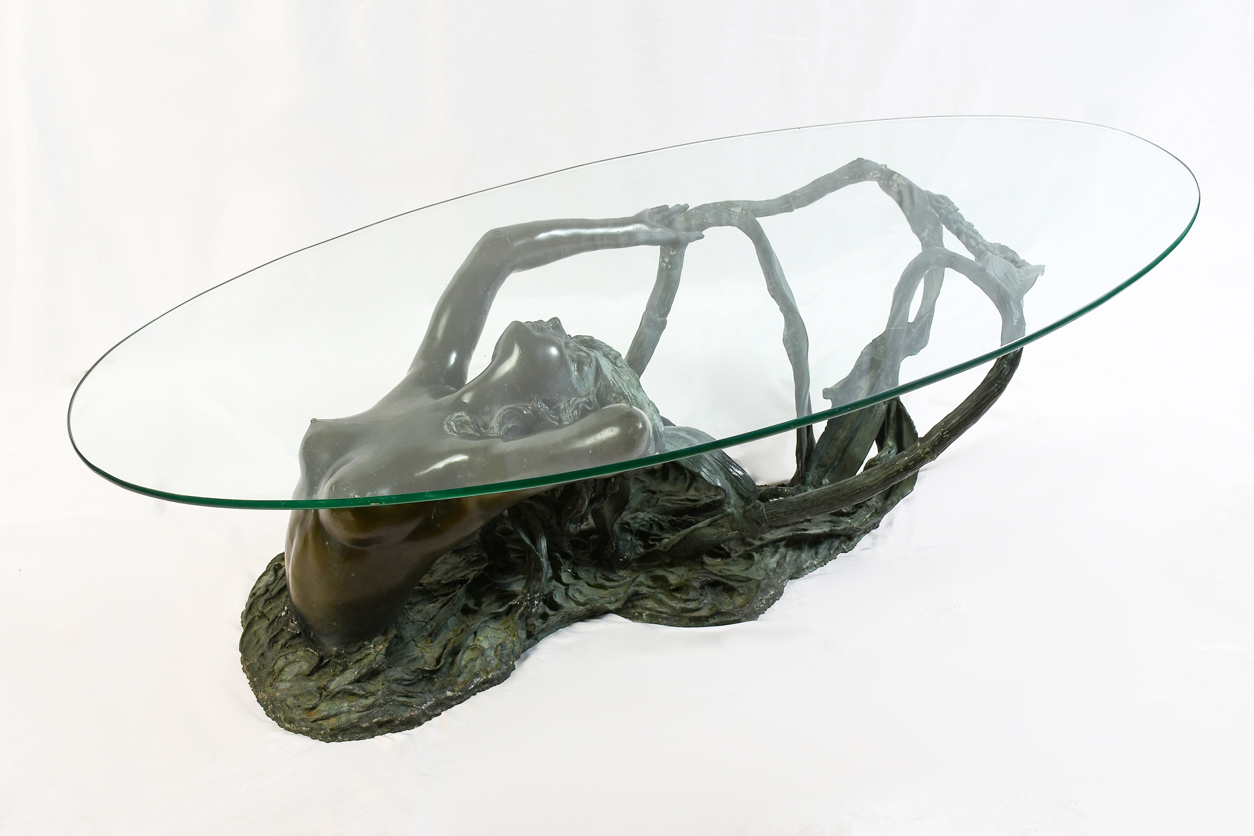 Appraisal: BRONZE MERMAID COFFEE TABLE SCULPTURE Hand fabricated in the lost