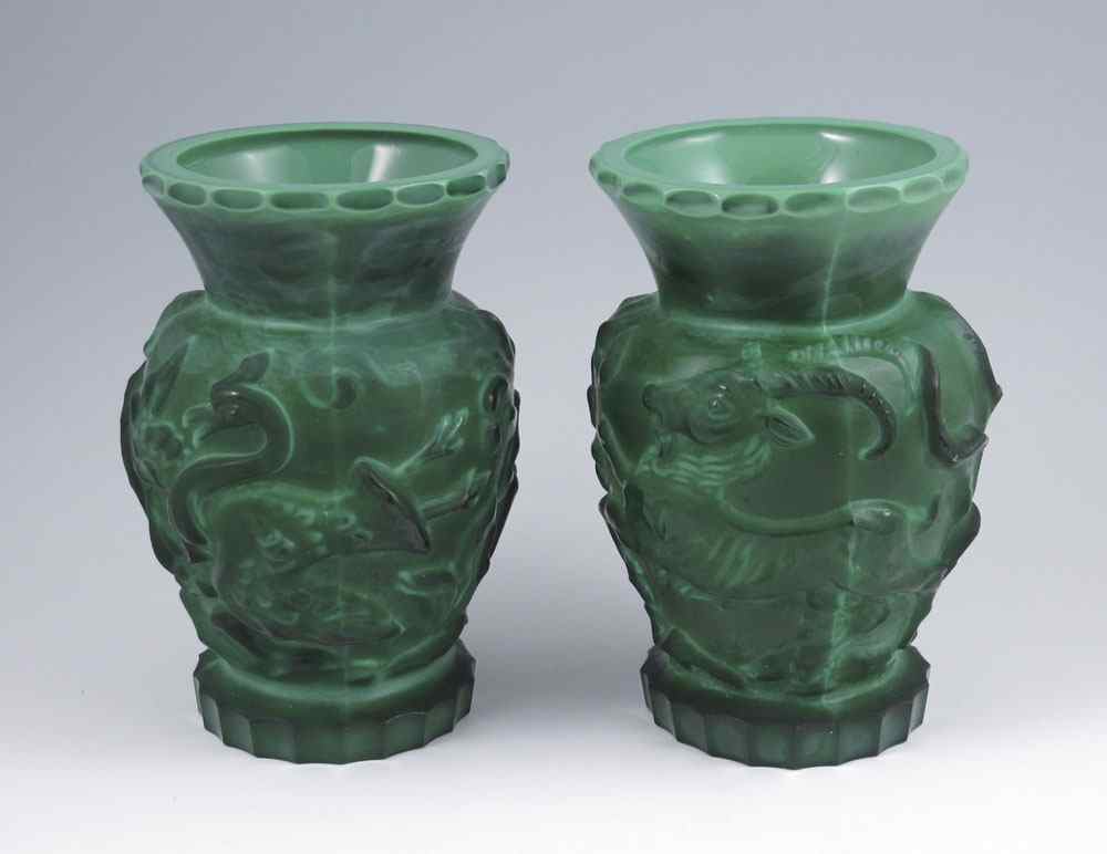 Appraisal: PAIR CZECH MALACHITE GLASS VASES ''H