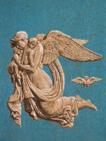 Appraisal: th Century Beadwork angel with infants turquoise background approx x