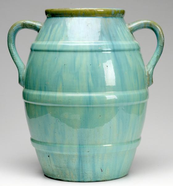 Appraisal: FULPER Barrel-shaped vase covered in a turquoise crystalline glaze Chips