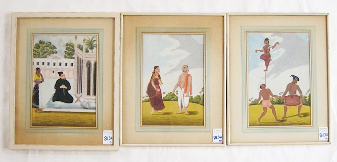 Appraisal: THREE INDIAN GOUACHE ON PAPER ILLUSTRATIONS depicting acrobats a man