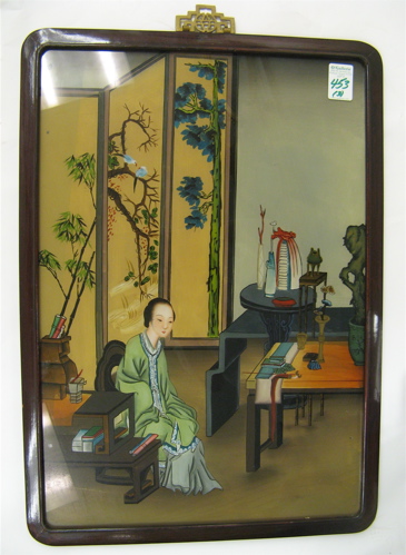 Appraisal: THREE CHINESE REVERSE PAINTINGS ON GLASS the largest an interior