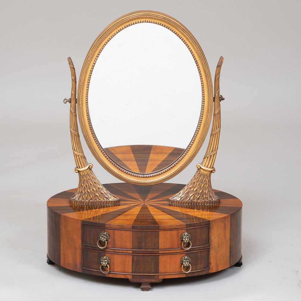 Appraisal: Art Deco Mahogany and Fruitwood Parquetry and Parcel-Gilt Dressing Mirror